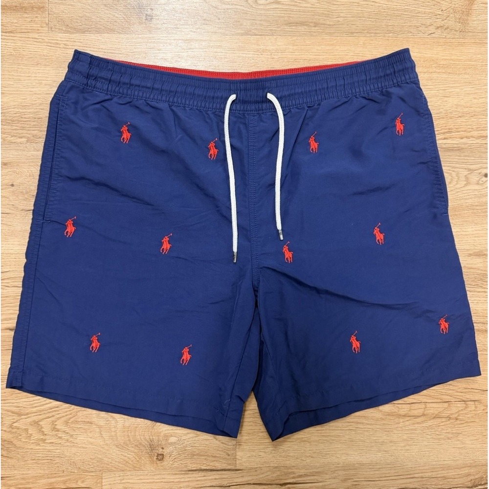 Polo Ralph Lauren Men's Blue/Red Logo Swim Trunks Mesh Lined Drawstring Size M